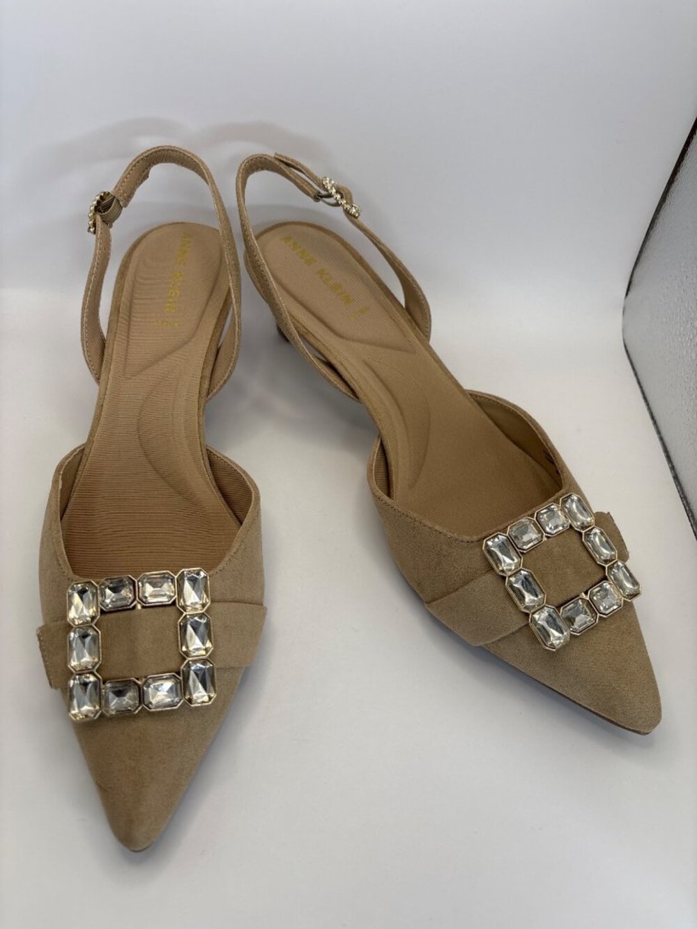 Anne Klein Inez Rhinestone Buckle Kitten Slingback Heel 2" Suede Beige 11 NWOB